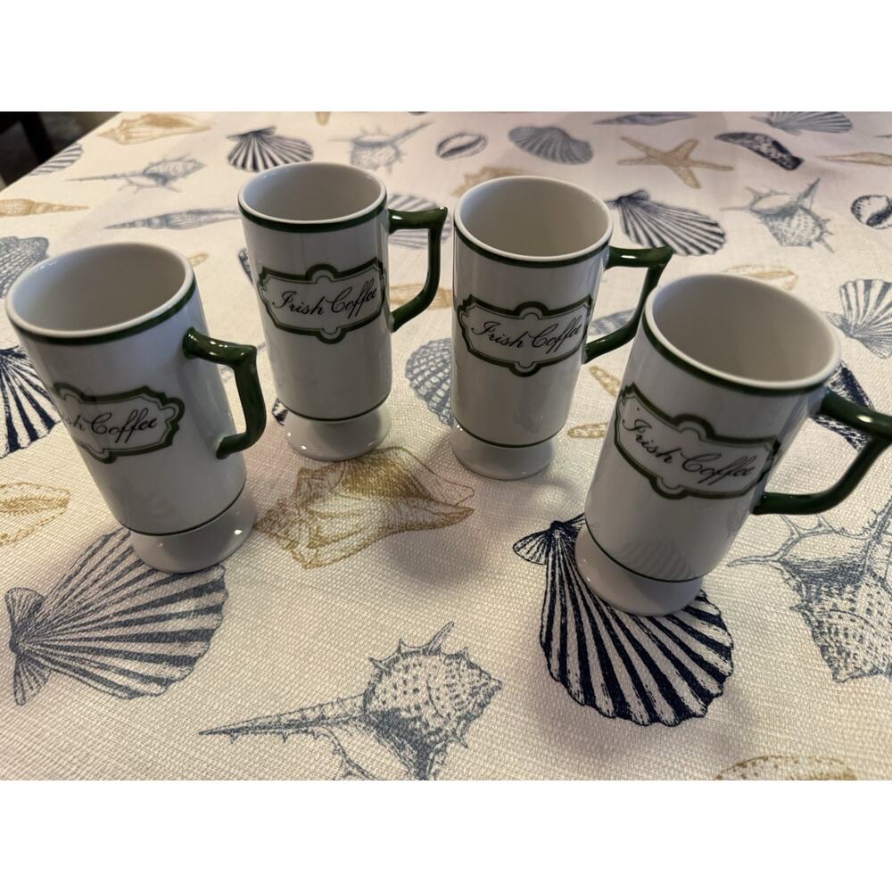 Vintage Knobler Bone China Footed Irish Coffee Mugs Cups White Green Set of 8